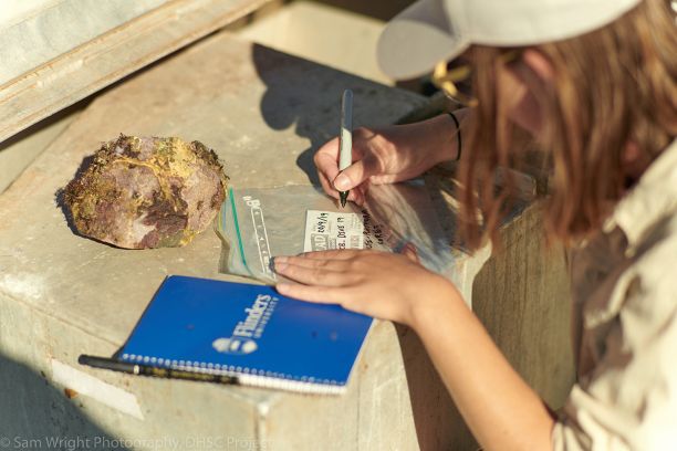A woman wearing with red hair wearing a hat and sunglasses writes on a plastic clipseal bag to document an artefact sitting in front of her with a blue notebook to her left. 
