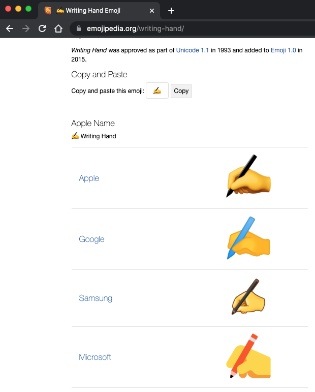 Example screenshot of emojis changing between OS and browser