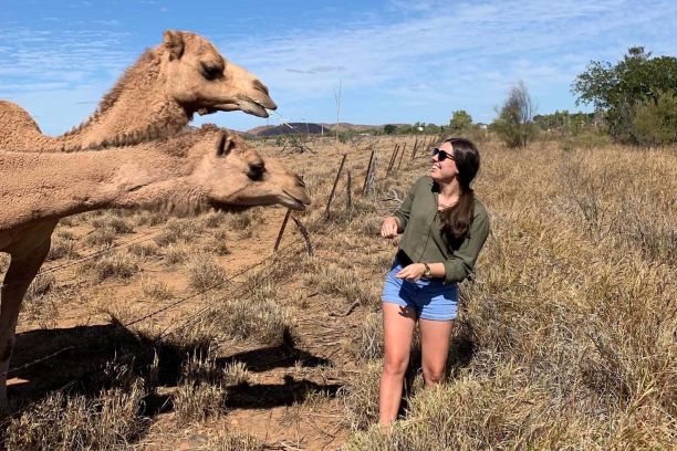 Jai-ann standing in tall grass feeding two tall camels. 