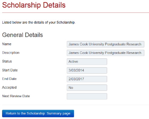 Window showing additional Scholarship information.