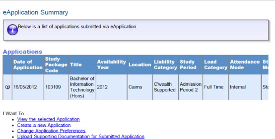 Screenshot showing the eApplication Summary window and View the Selected Application link. 