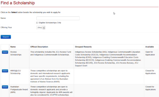 Screenshot showing available scholarships after a search has been completed.