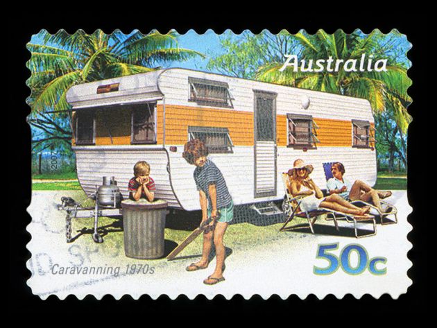 Postage stamp showing caravanning in 1970s Australia