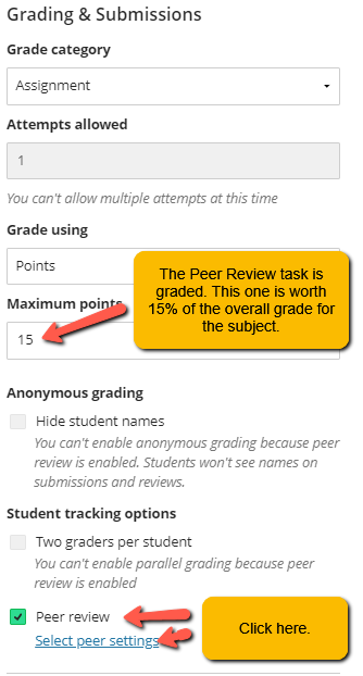 Screenshot and instruction on Peer Review settings