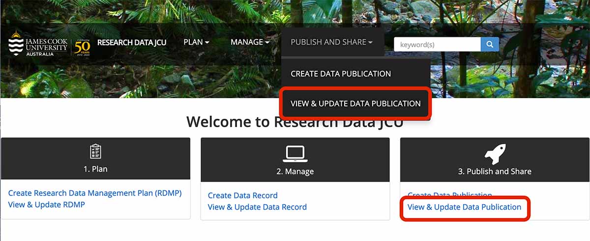 Research Data JCU screenshot displaying menu dropdown link View and Update Data Publication