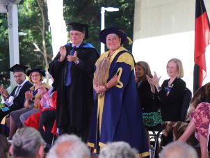 New Chancellor Professor Ngiare Brown and previous Chancellor Bill Twedell at the investiture ceremony. 