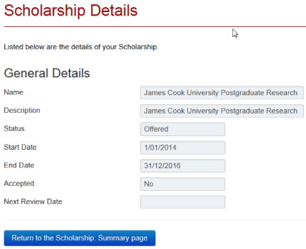 Window showing additional Scholarship information.