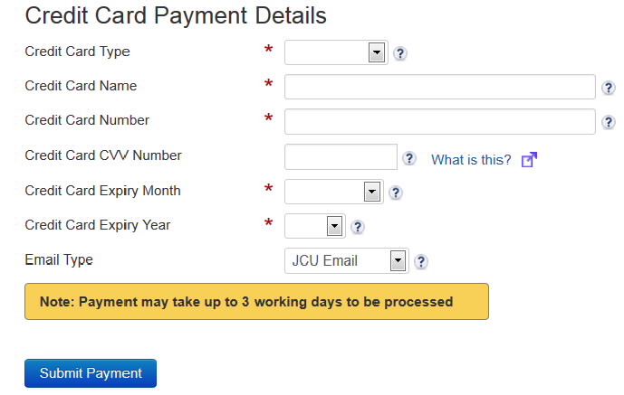 Screenshot showing credit card payment fields, a note Payment may take up to 3 working days to be processed and the Submit Payment button.