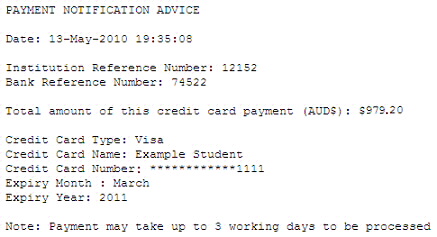 An example Payment Notification Advice that will be emailed to you.