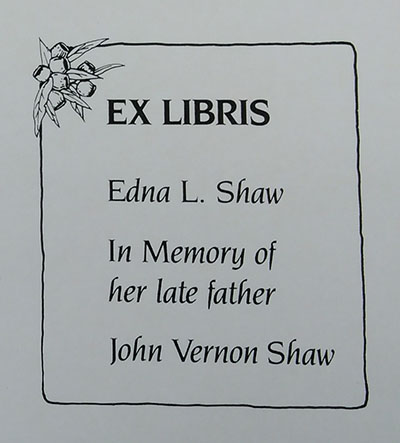Ex Libris plate on books donated by Edna Shaw