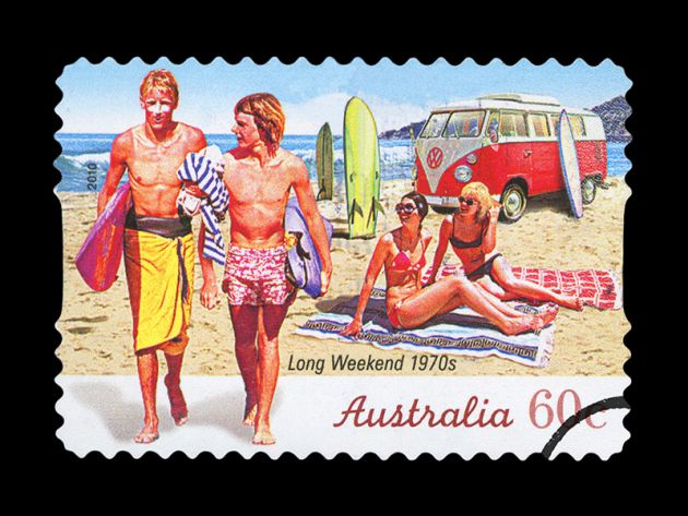 Postage stamp showing surfers in 1970s Australia