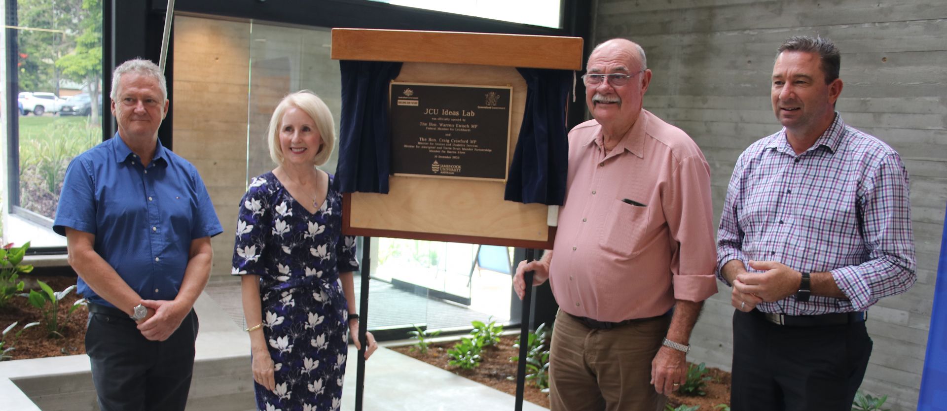 Professor Chris Cocklin, Professor Sandra Harding, Leichhardt MP Warren Entsch and State Member for Barron River Craig Crawford unveiling the plaque for the new building
