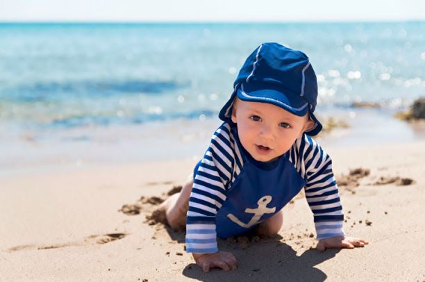 Toddler in sun protective clothing