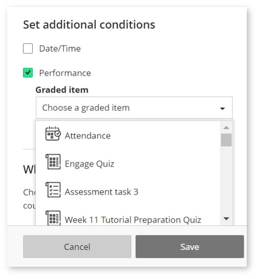 Image shows a screenshot of setting the Performance condition. First step - Performance box ticked and specify the graded item
