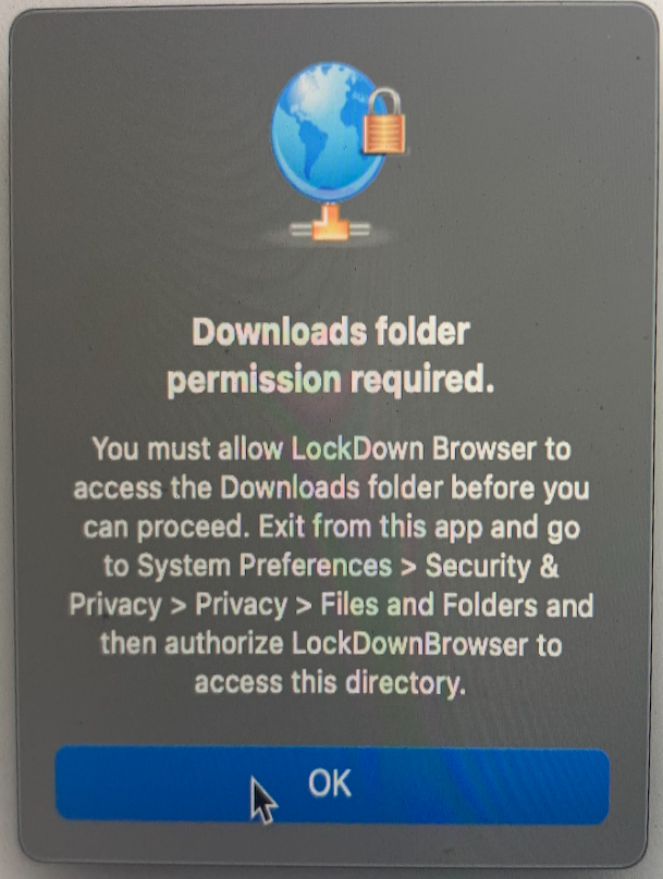 Screenshot of the error message "Downloads folder permission required"