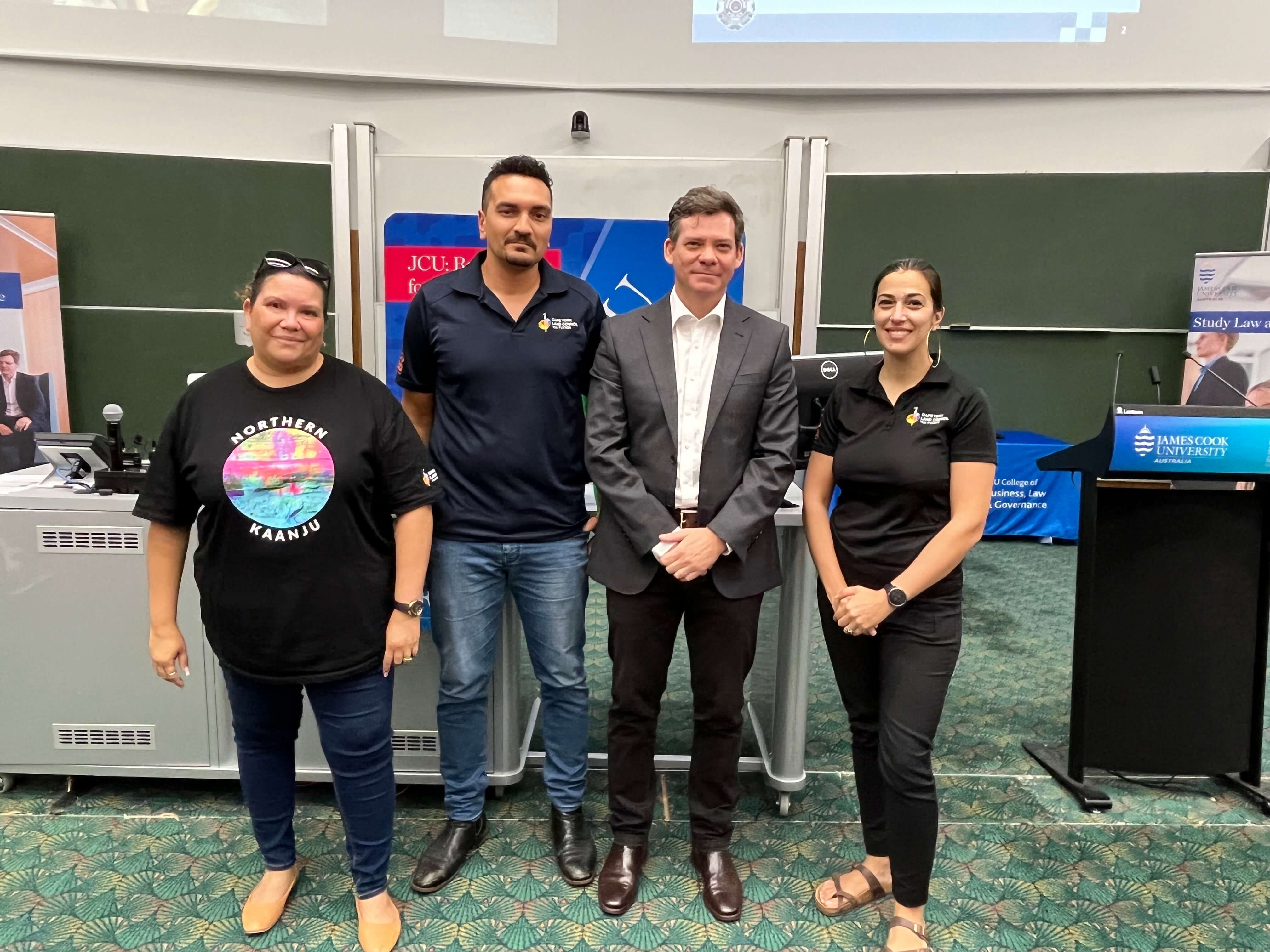 Cairns – Cape York Land Council presenters Ms Michelle Friday-Mooka, Mr Parky Wirrick & Ms Michelle Cioffi with Dr Jamie Fellows.  