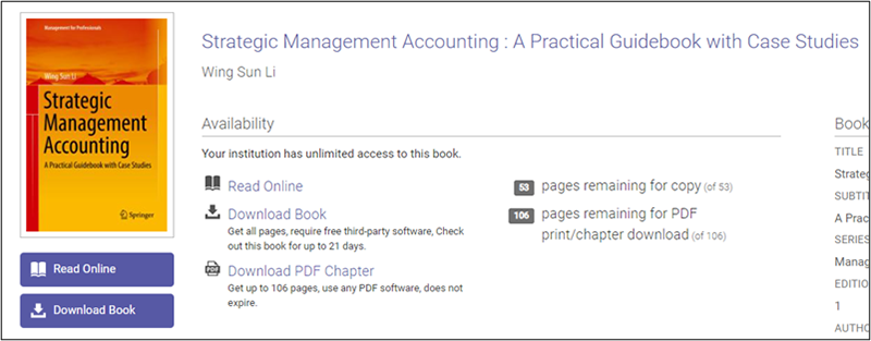A screen shot of online book 'Strategic Management Accounting'. It includes a book cover thumbnail, title and author details. Usage limitations are specified.