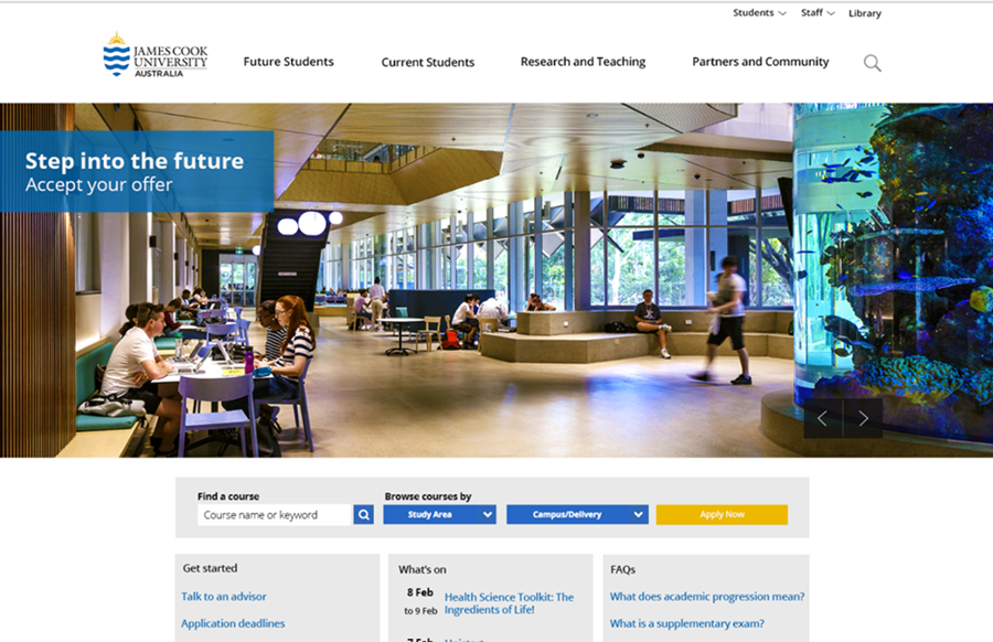 Screen shot of the new JCU website homepage