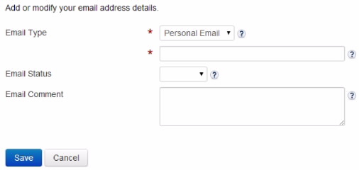Screenshot showing Email > Change Details window and fields Email Type, Email Address, Email Status and Email Comment 