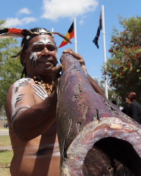 aboriginal man in traditional dress pointing didgeridoo at camera. 