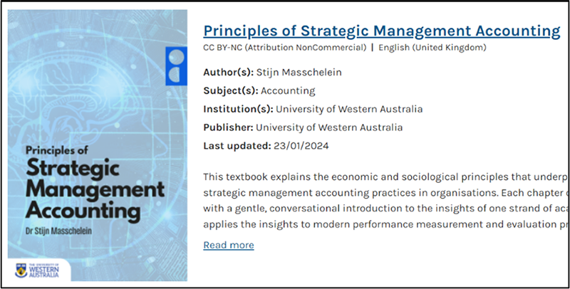 A screen shot of OER 'Principles of Strategic management Accounting'. It includes a book cover thumbnail, title, Creative Commons licence, author, affiliation, date and an short description of the book. 