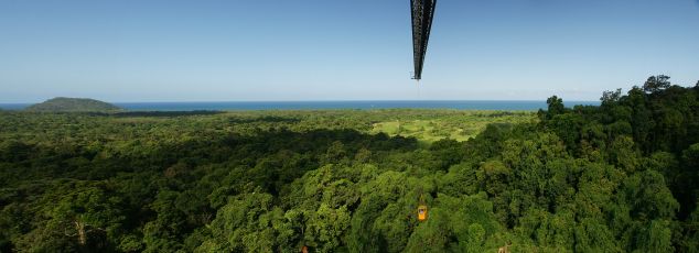 The gondola of the DRO crane above the rainfoest canopy with the Coral Sea in the background