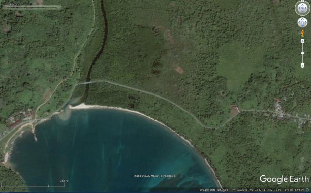 Google Earth map, The Aceh region before the tsunami. Lush green Forests dominate the shoreline. 