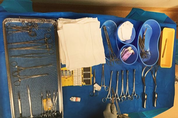 A close up of sharp medical devices used in theatre on one of Sharon's placements. 