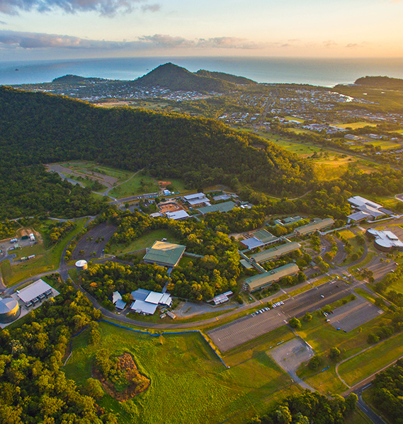 An aerial view of JCU Cairns campus, surrounded by mountains and with the sea in the background. 