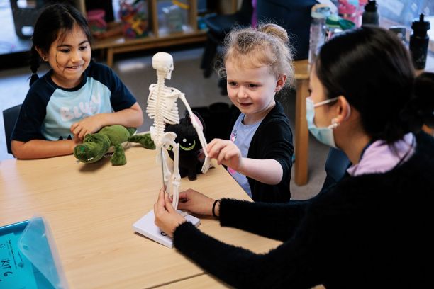 Child playing with small skeleton model