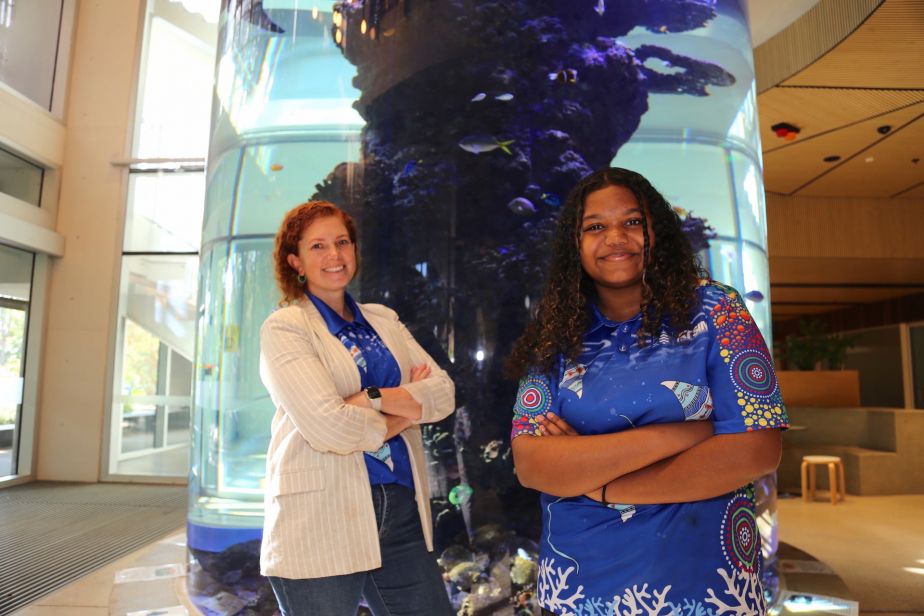 Aboriginals and Torres Strait Islanders in Marine Science program coordinator Dr Allison Paley with Year 10 Pimlico State High School student Tabreesha Surha. 