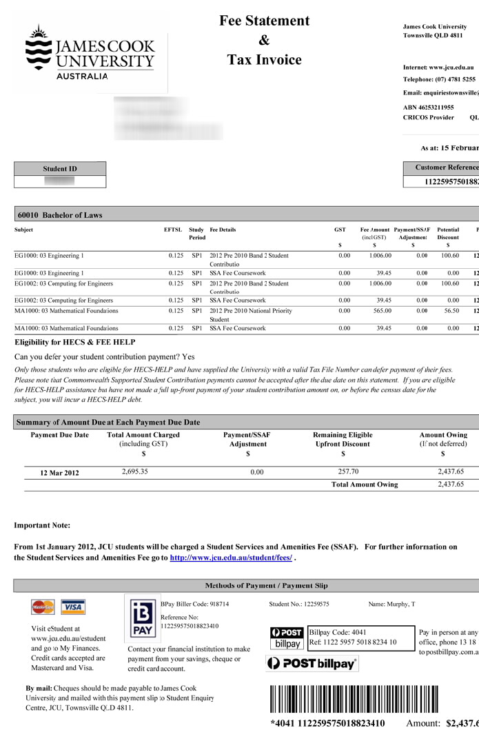 Screenshot showing an example Fee Statement and Tax Invoice.