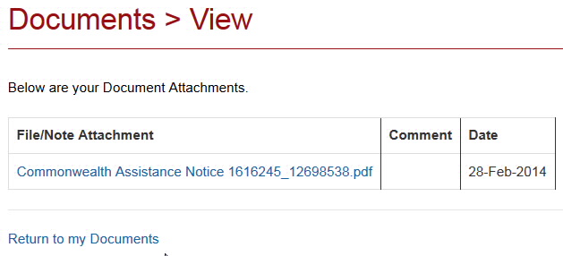 Screenshot showing window that displays after clicking on View Attachment link next to the appropriate document.