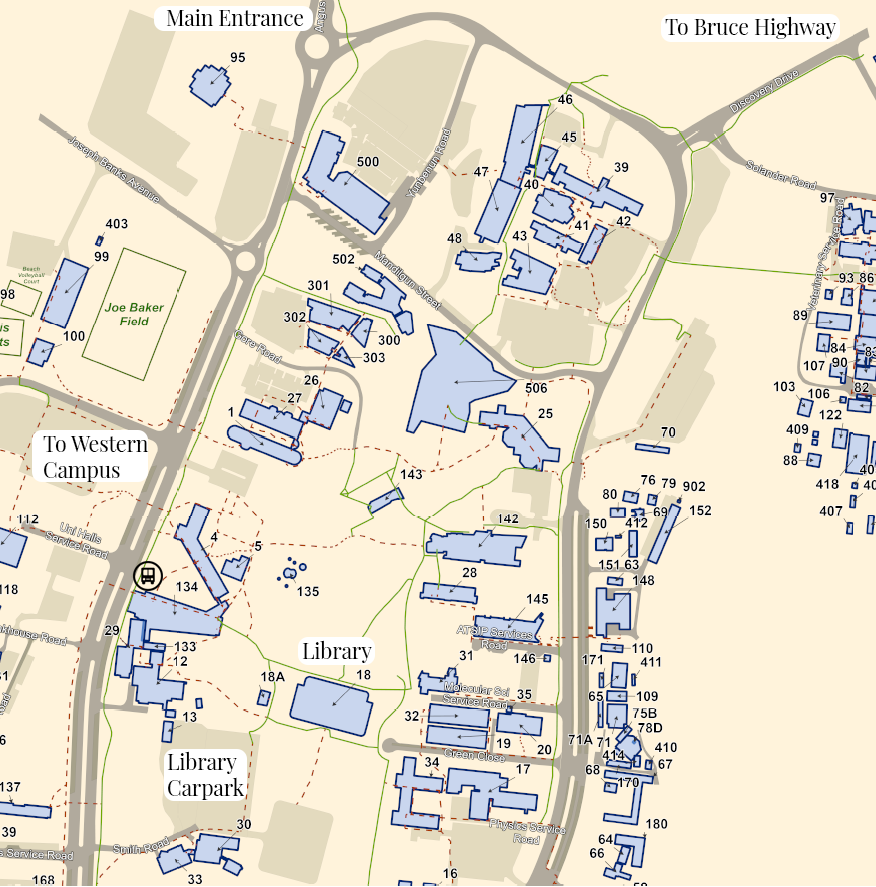 Map showing Mabo Library in relation to Refectory and nearest car park