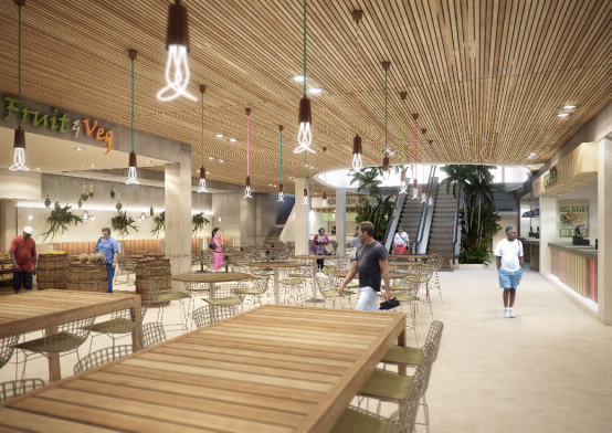 rendering of food court inside of the city arcade. 