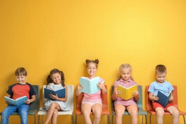 children sitting reading books in front of an orange wall