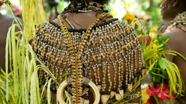 Back of a Papua New Guinean woman in traditional dress