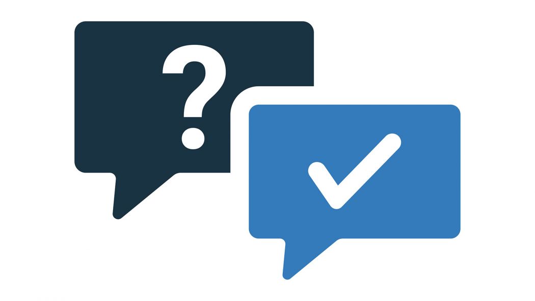 Graphic showing a question mark in a speech bubble and another speech bubble with a tick icon. 