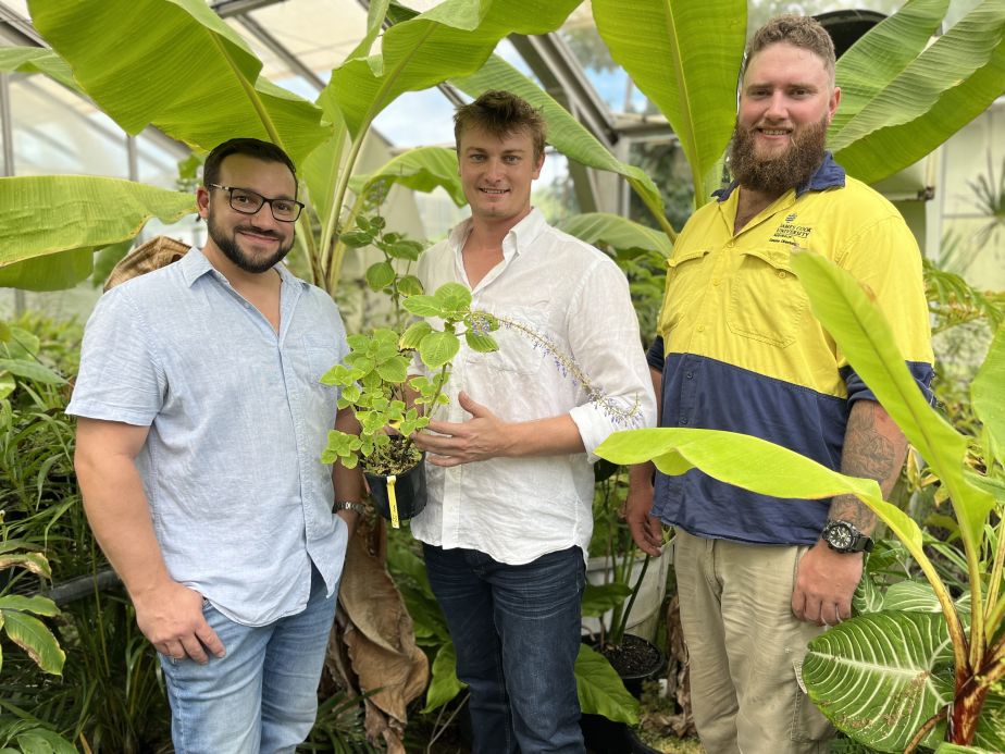 Team from JCU stand in greenhouse that is home to some of the threatened plant species