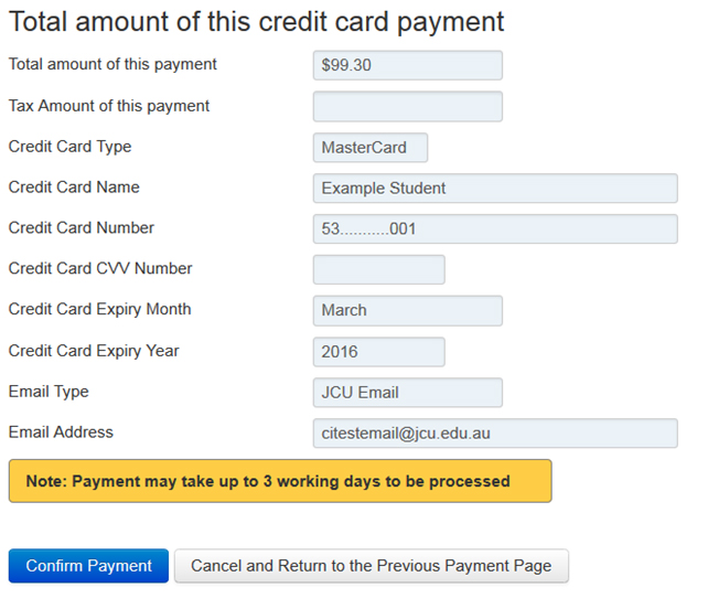 Screenshot showing confirmation of payment screen with Confirm Payment and Cancel and Return to the Previous Payment Page buttons.