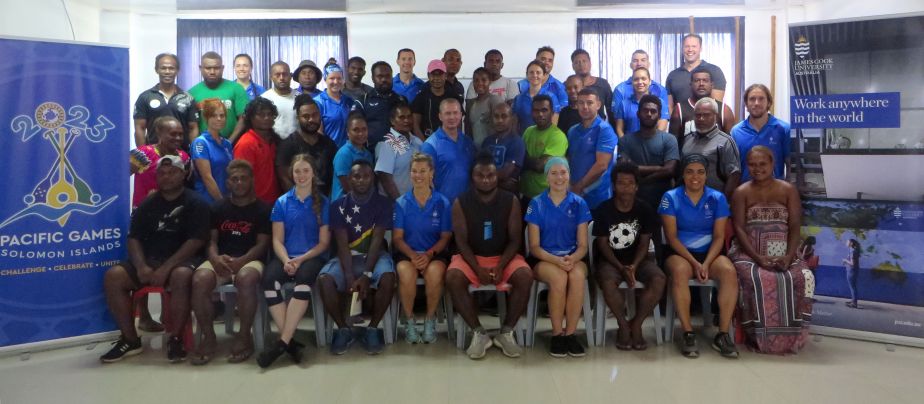 JCU students and staff with athletes and coaches in the High Performance Program at the Solomon Islands’ new Sports and Leadership Institute.