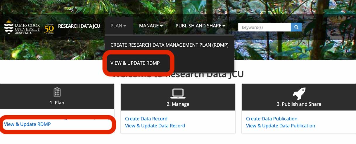 Research Data JCU screen showing RDMP view and update options
