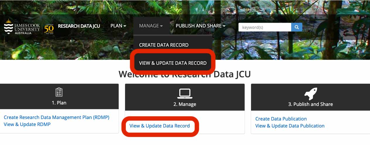 Research Data JCU website showing View and Update Data Record menu dropdown