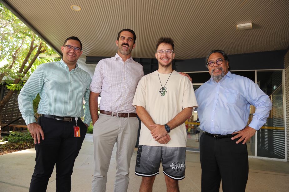 (L-R) Northern Australia Infrastructure Facility Senior Associate, Indigenous Outcomes, Ben Gertz, Townsville Airport General Manager Brendan Cook, Townsville Airport Indigenous Scholarship recipient Jacob Smith and JCU Deputy Vice Chancellor, Indigenous Education and Strategy, Professor Martin Nakata.