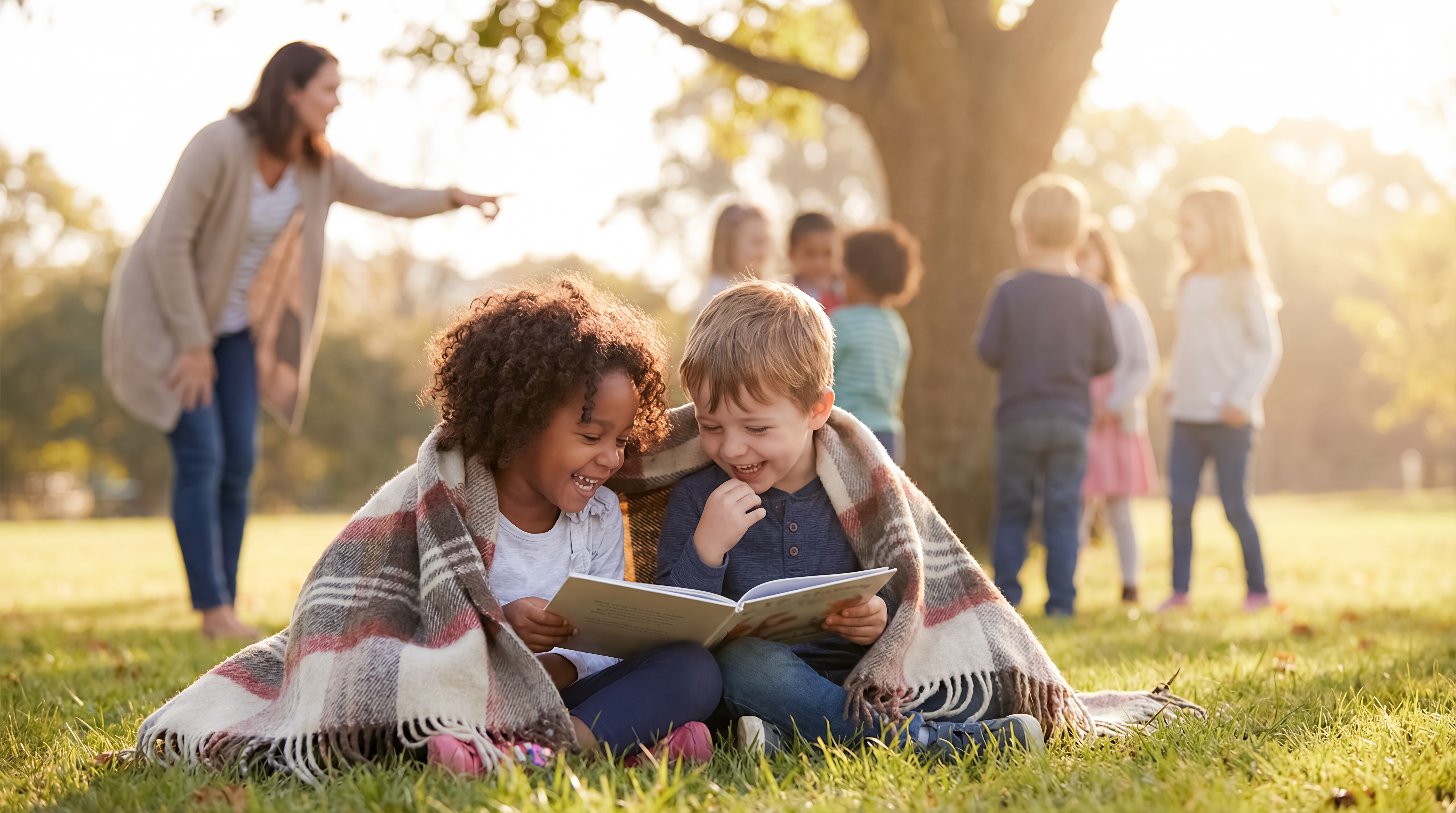 two kids sharing book outside