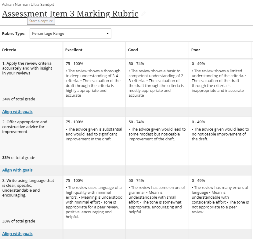 Screenshot and instruction on setting up a rubric