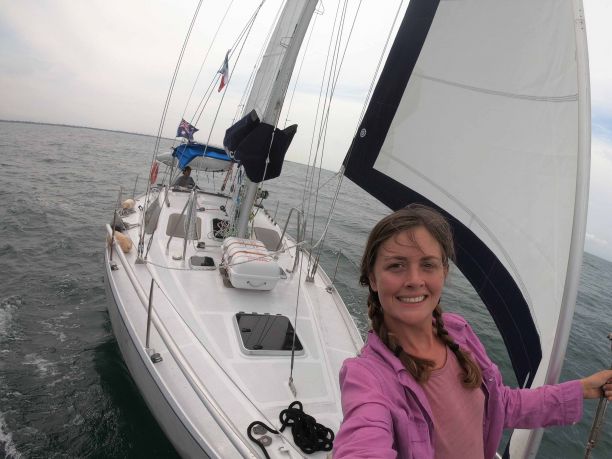 Sheridan sailing on her sailboat, Chuffed 