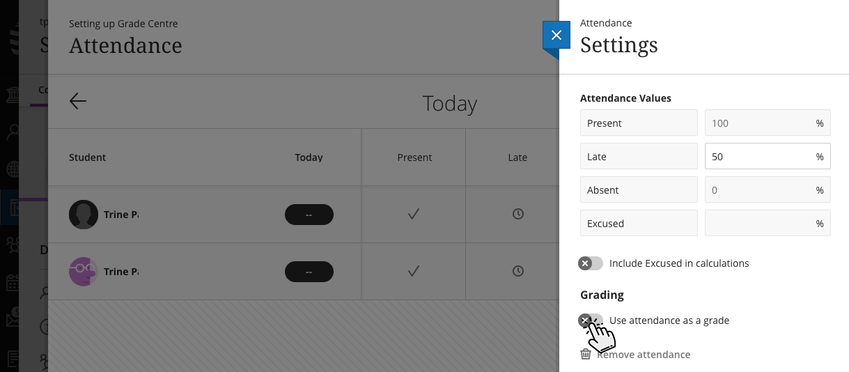 Screenshot of activating attendance in the Grade Centre