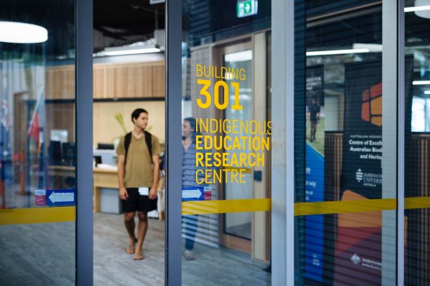 The glass sliding doors into the Indigenous Education and Research Centre. 