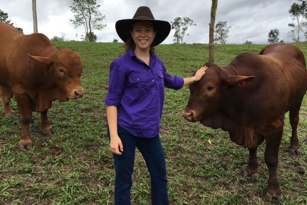 Brianna wears a hat and stands with cattle